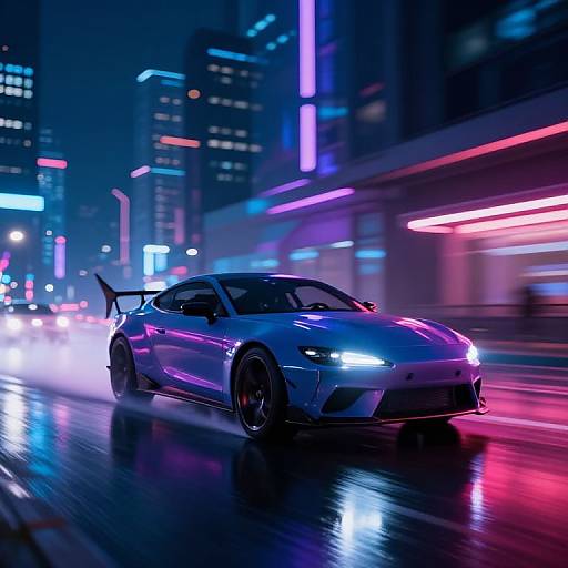 Neon-lit, cyberpunk city street at night; a sleek, silver sports car with glowing headlights and a rear spoiler speeds through, reflecting vibrant