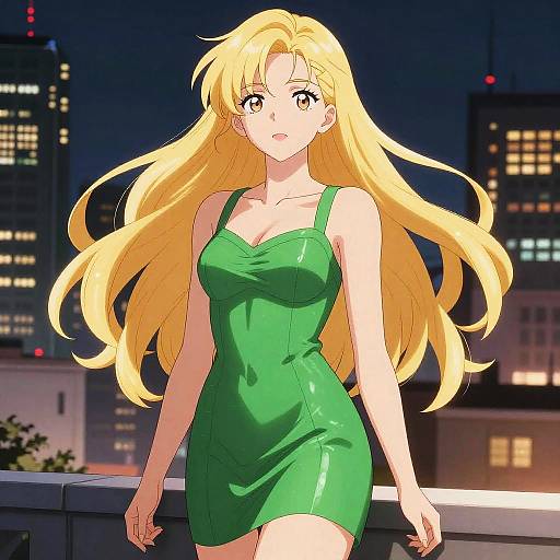 Charming Woman in Vibrant Night Skyline