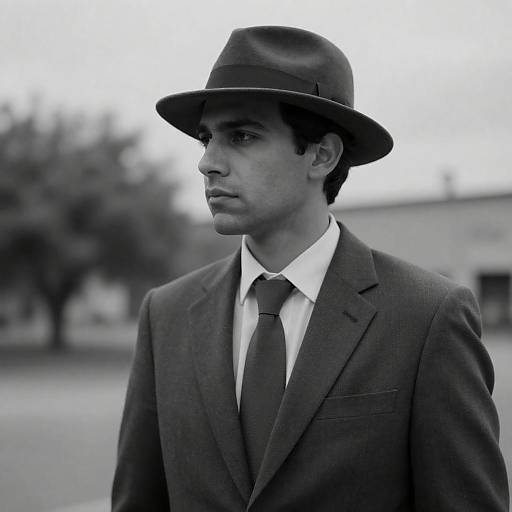 Serious Man in Fedora: Black-and-White Photograph