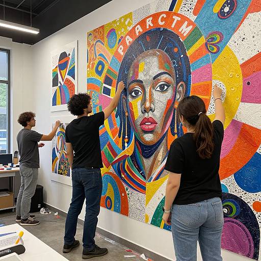 Photograph of three artists in black shirts and jeans, painting and admiring a vibrant, colorful, large-scale, hyper-realistic, Afrocentric