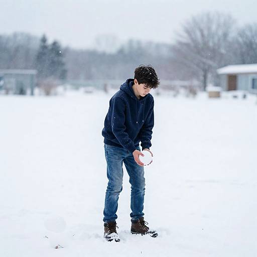 Photograph of a young man with short black hair, wearing a black hoodie, blue jeans, and brown boots, standing in snow, looking down at