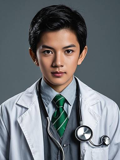 Photograph of an Asian male doctor with black hair, wearing a white lab coat, green striped tie, and stethoscope, against a gray background