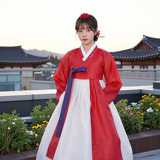 Photograph of a young East Asian woman in traditional red and white hanbok, standing outdoors with a rooftop and traditional Korean buildings in the background.