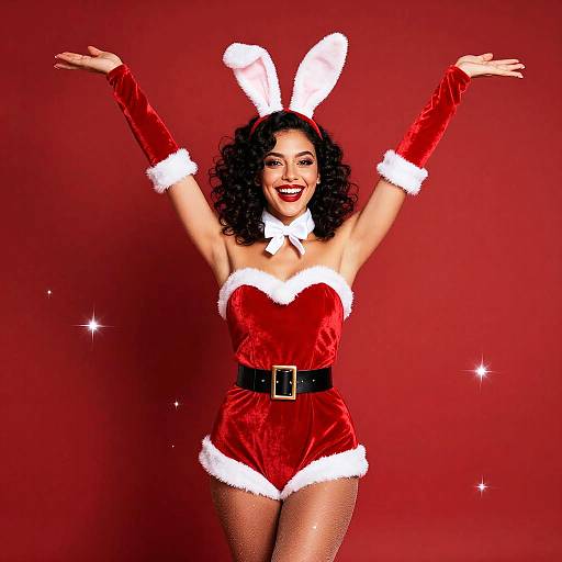 Photograph of a smiling woman with curly black hair, wearing a red velvet Santa outfit with white fur trim, bunny ears, and black belt, against
