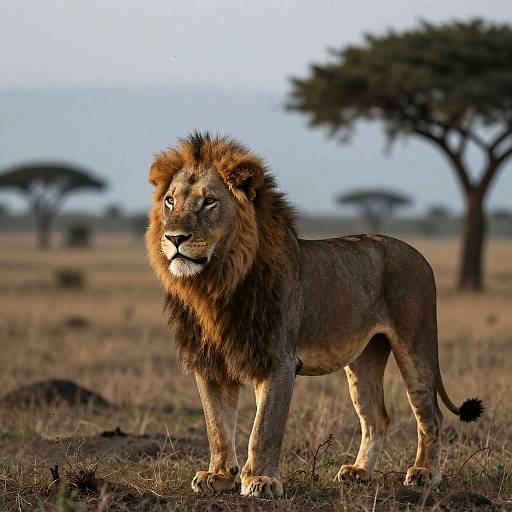 Photograph of a majestic male lion with a dark mane standing in a dry savanna, looking alert with acacia trees in the background.