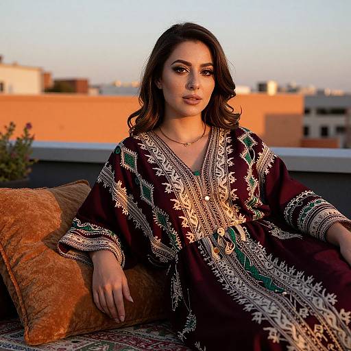 Photograph of a woman with long brown hair, wearing an ornate black and green embroidered robe, sitting on a rooftop with orange-toned cityscape