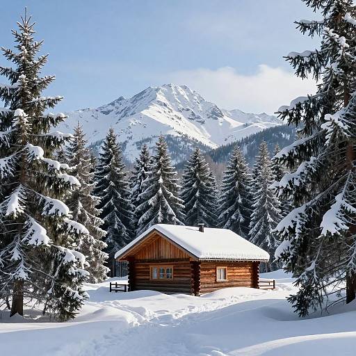 Serene Snowy Cabin in Winter Forest
