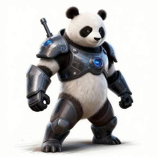 Digital artwork of a panda bear in black, futuristic armor with blue glowing accents, standing confidently with a determined expression.