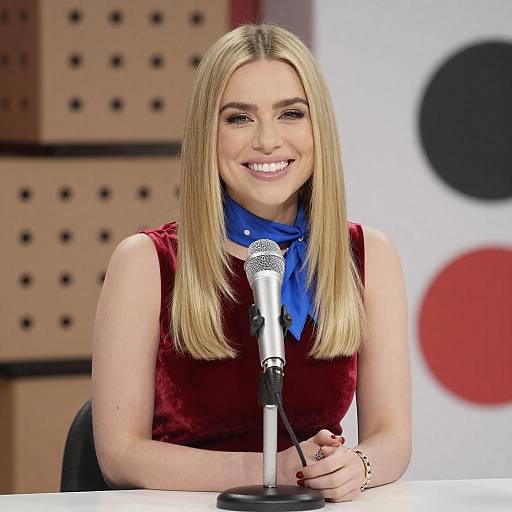 Smiling Blonde Woman Podcast Setup