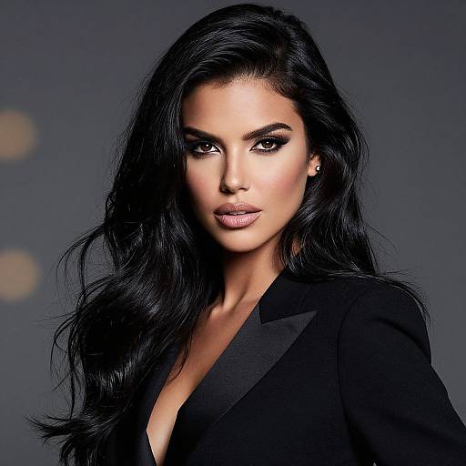 Photograph of Kim Kardashian with long, wavy black hair, wearing a black blazer, and dramatic makeup, against a dark gray background.