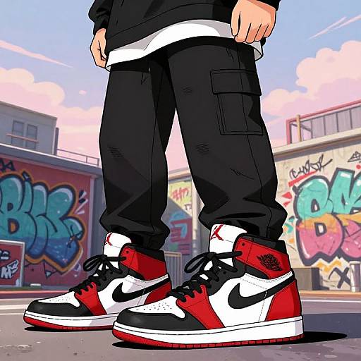 Digital artwork of a person's lower body in black pants and red-and-white Nike Air Max sneakers, standing in a colorful graffiti-tagged urban alley with