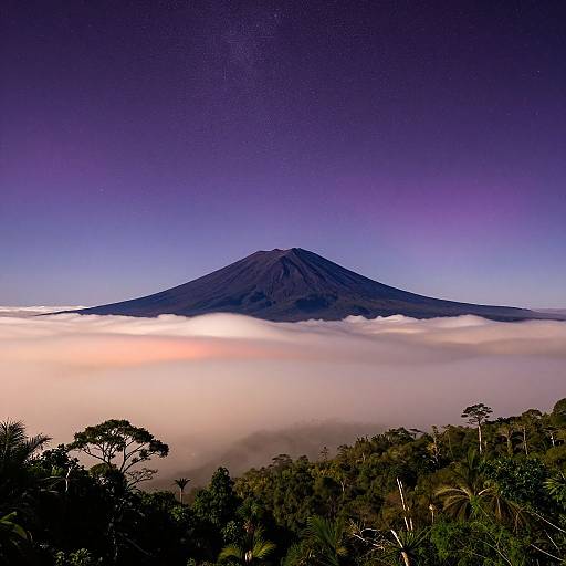 Photograph of a volcanic mountain with a dark, conical peak, shrouded in a thick, white cloud layer, under a twilight purple and
