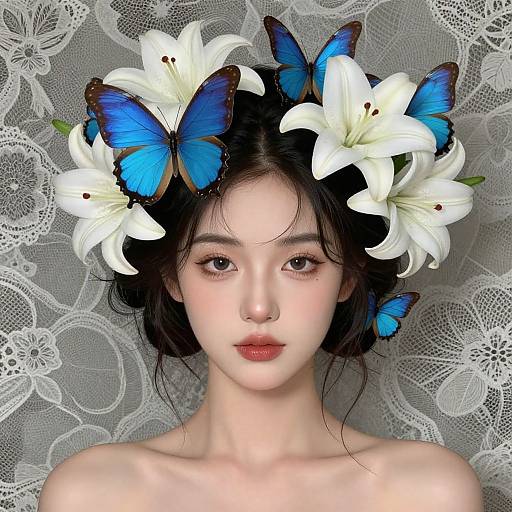 Digital art of a pale-skinned, dark-haired woman with white lilies and blue butterflies in her hair, set against a lace background.