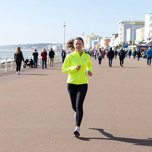 Photograph of a smiling woman jogging on a sunny seaside promenade, wearing a neon yellow jacket, black pants, and white sneakers.