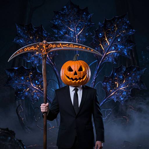 Photograph of a man in a black suit, white shirt, and tie, with a glowing pumpkin-headed mask, holding a scythe, standing in