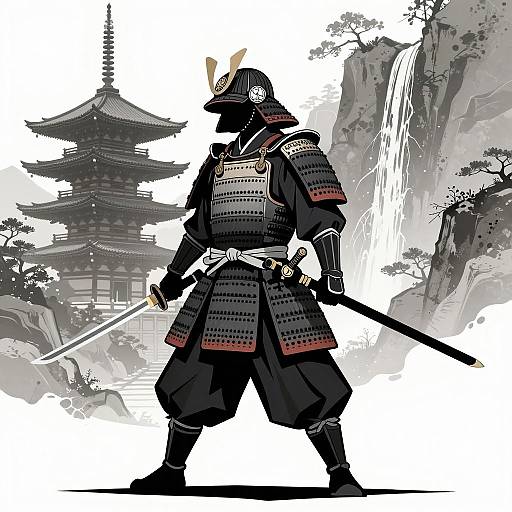 Intricate Samurai in Front of Pagoda