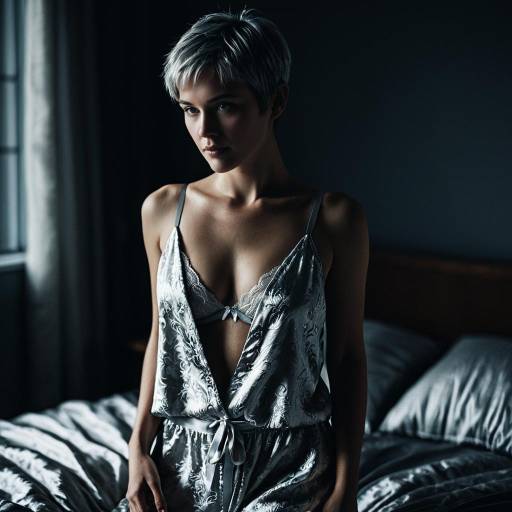 Elegant Character in Silver Silk Lingerie