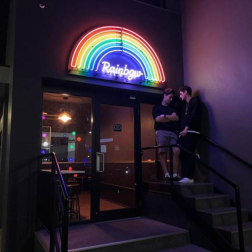 Neon Rainbow Sign at Bar Entrance with Two Men