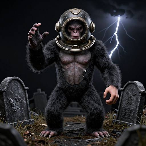 CGI image of a muscular, black-furred gorilla in a weathered motorcycle helmet, standing between two gravestones, with a lightning bolt