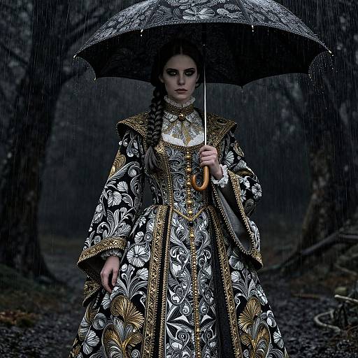 Gothic-style woman in a detailed black and white floral gown holds a patterned umbrella in a rainy, dark forest. Photographic image.