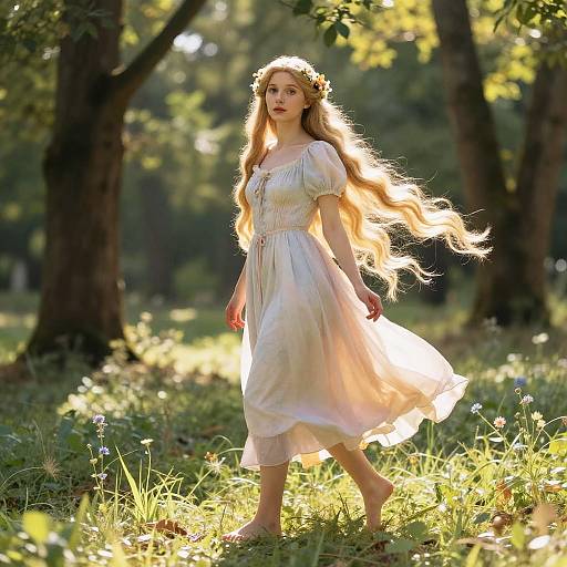 Photograph of a young woman with long blonde hair, wearing a flowing white dress, floral crown, and barefoot, walking through a sunlit forest