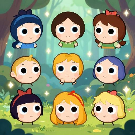 Cartoon-style image of seven chibi characters with large eyes, floating in a magical forest with sparkling lights, wearing colorful clothes.