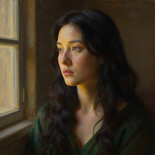 Digital painting of a pensive young woman with long, dark brown hair, green eyes, and fair skin, standing by a sunlit window. She
