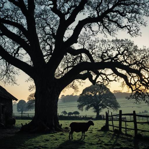 Dawn by the Oak: A Rustic Scene Dawn by the Oak: A Rustic Scene