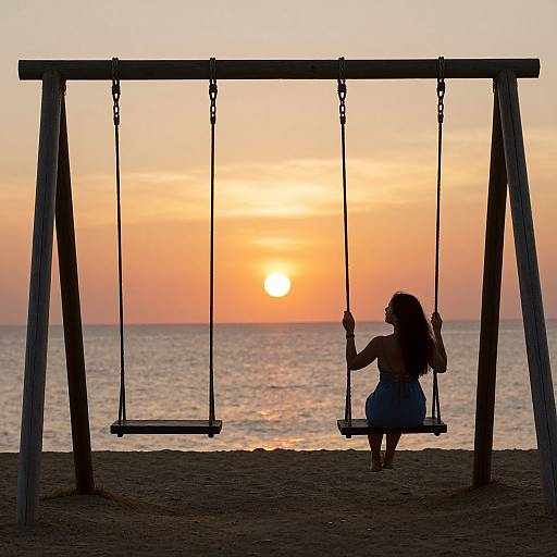 Solitary Woman Reaching at Ocean Sunset