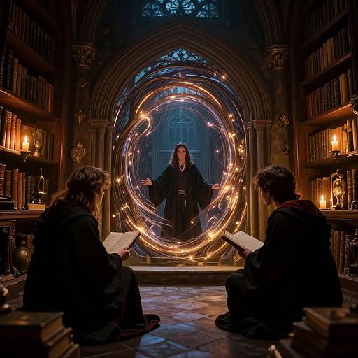 Photograph of a wizard in a dark robe, standing in a circular light trail, surrounded by bookshelves and candles, with two students seated in