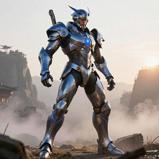 Futuristic Armored Warrior at Dawn