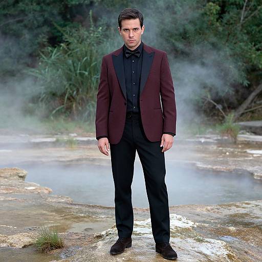 Photograph of a serious, dark-haired man in a maroon blazer, black shirt, and pants, standing on a rocky riverbank with mist