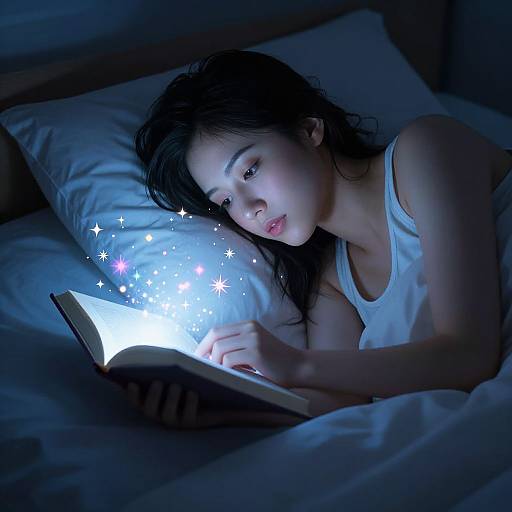 Photograph of an Asian woman with long black hair, wearing a white tank top, lying in bed, reading a book with glowing blue stars. Dark