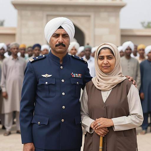 Duo in Traditional Attire with Background Crowd