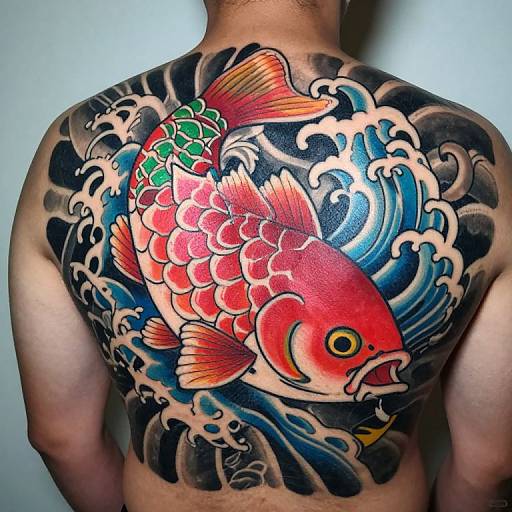 Tattooed male back featuring vibrant, detailed koi fish with red, orange, and green scales, surrounded by dynamic blue and black waves.