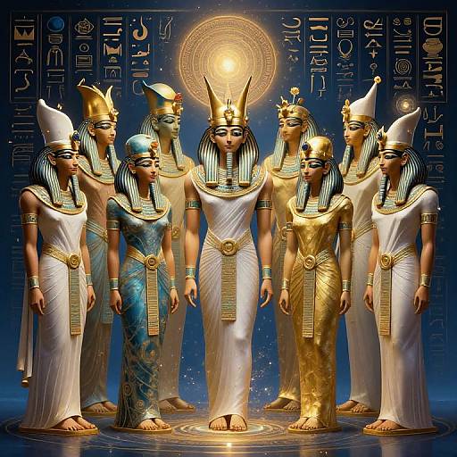 Digital art of seven Egyptian goddesses with black striped wigs, white and gold dresses, gold headdresses, standing in a circle with hieroglyph