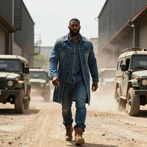 Photograph of a muscular Black man with a beard, wearing a blue denim long coat, jeans, and boots, walking between two green military-style SUV