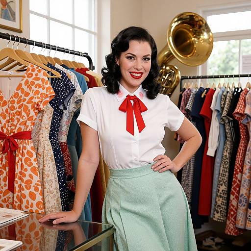 Vintage-style photograph of a smiling woman with dark curly hair, wearing a white blouse with red bow and mint green skirt, standing in a brightly lit clothing