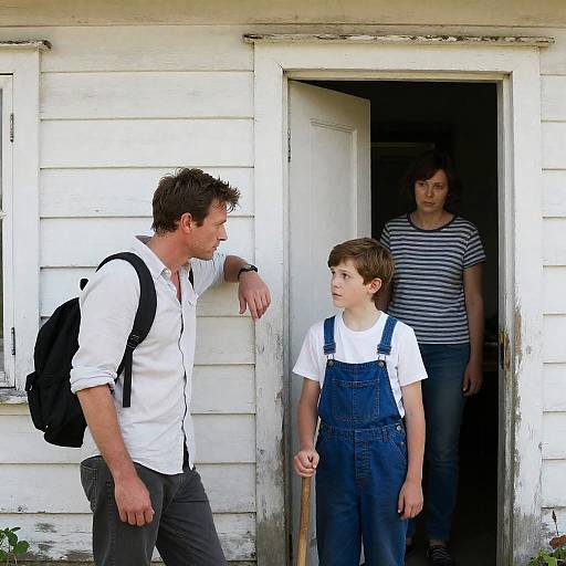 Family Portrait by Weathered Wooden House