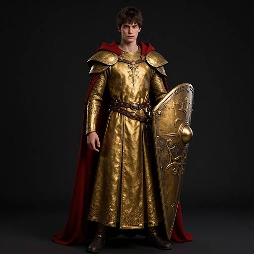 Photograph of a young man in golden Roman-style armor with red cape, holding an ornate shield, standing against a black background.