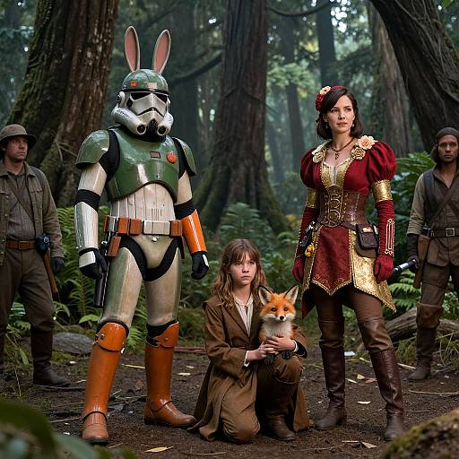 Photograph of forest scene with Stormtrooper, woman in medieval attire, girl in brown dress holding fox, two soldiers, tall trees background.