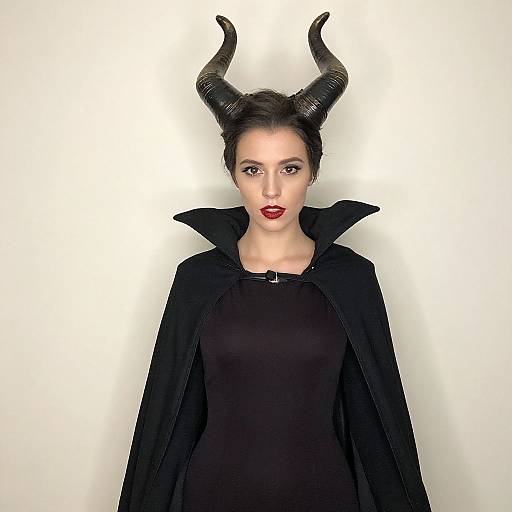 Photograph of a pale-skinned woman with red lipstick, black horned headpiece, and black cape, standing against a white background.