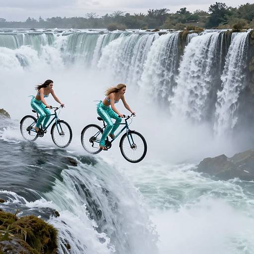 Two women in turquoise athletic gear ride bicycles over a powerful, cascading waterfall, with mist and rocks in the background. Photorealistic image.