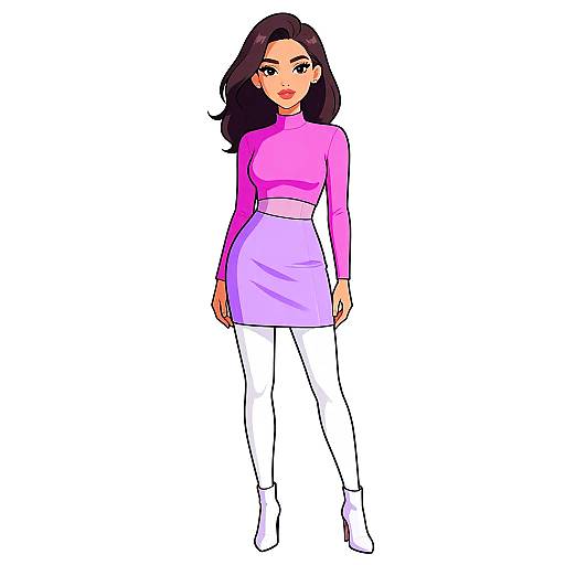 Digital illustration of a young woman with long black hair, wearing a pink long-sleeve top, lavender skirt, white pants, and white boots,