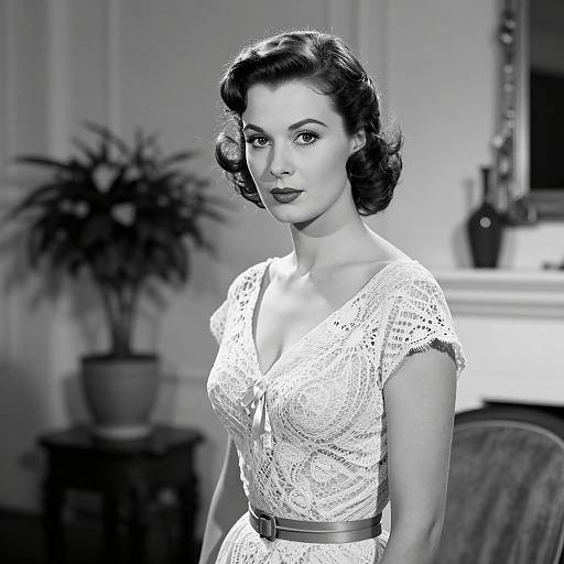 Black-and-white photograph of a 1950s-style woman with wavy dark hair, wearing a lace dress with a belted waist, standing in