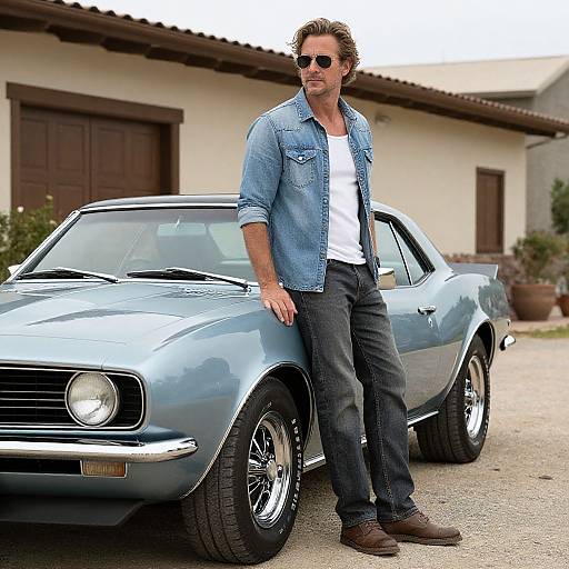 Photograph of a tall, handsome man with blond hair, wearing sunglasses, denim shirt, white tee, blue jeans, brown shoes, leaning on a