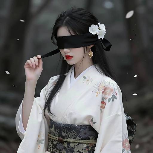Elegant Blindfolded Woman in Kimono