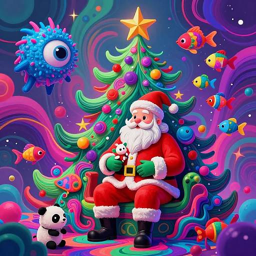 Colorful digital illustration of Santa Claus with a white beard, red suit, and green gloves, sitting by a decorated Christmas tree surrounded by vibrant fish,