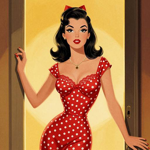 Vintage Pin-Up Woman in Red Polka-Dot Dress
