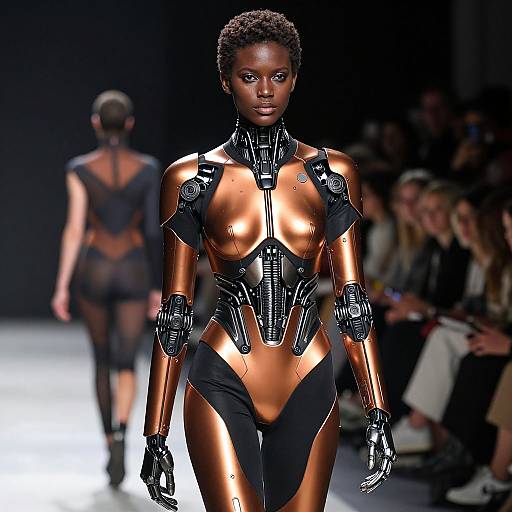 Photograph of a black female model with short curly hair, wearing a metallic copper and black robotic bodysuit, walking on a fashion runway. Another